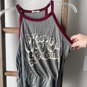 “Keep on dreaming” olive green/maroon tank